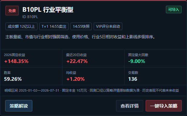 免费策略卡片和一键导入按钮的真实页面